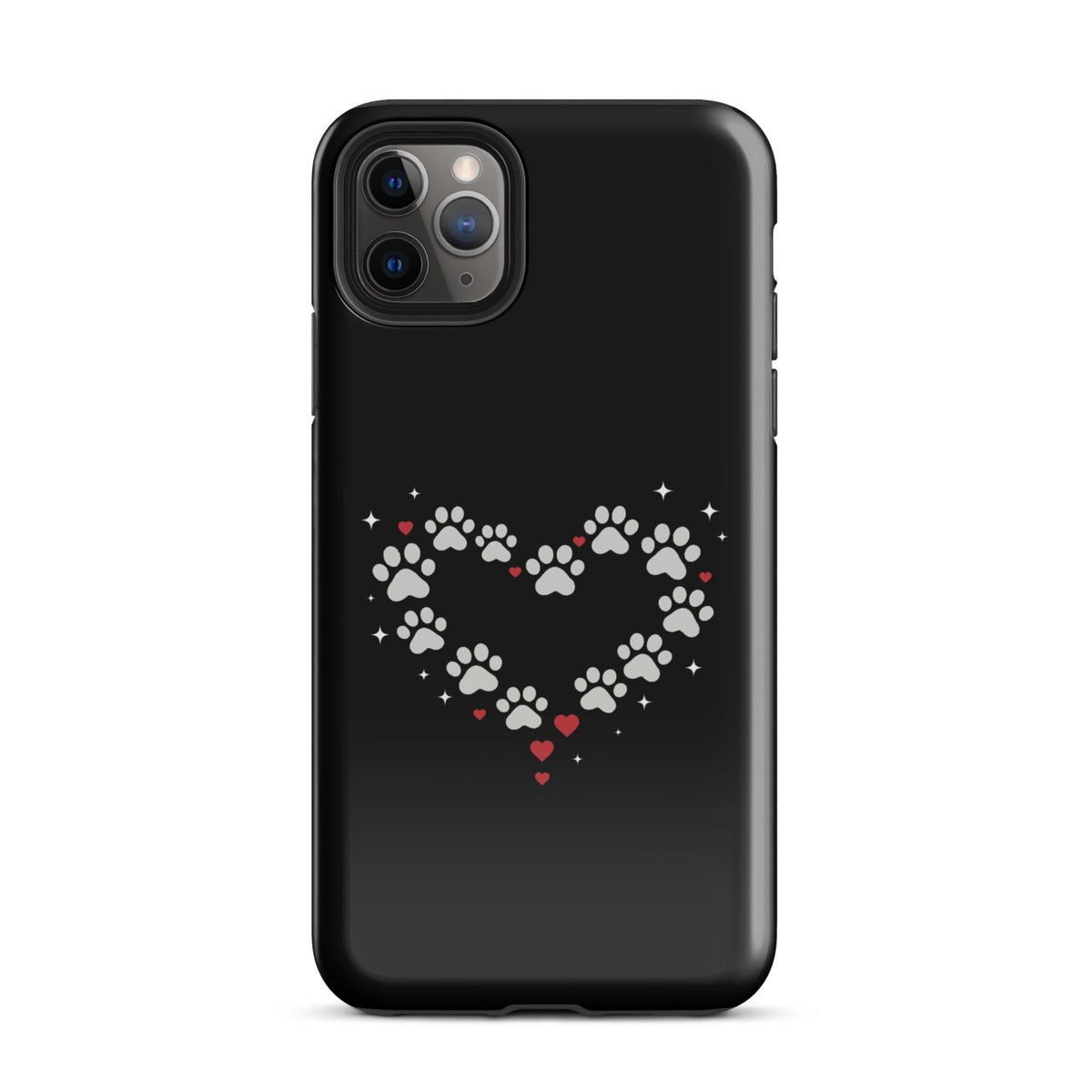 Phone Case with paw-print heart design for stylish pet lovers on iPhone, featuring black backdrop with gray and red paw prints.