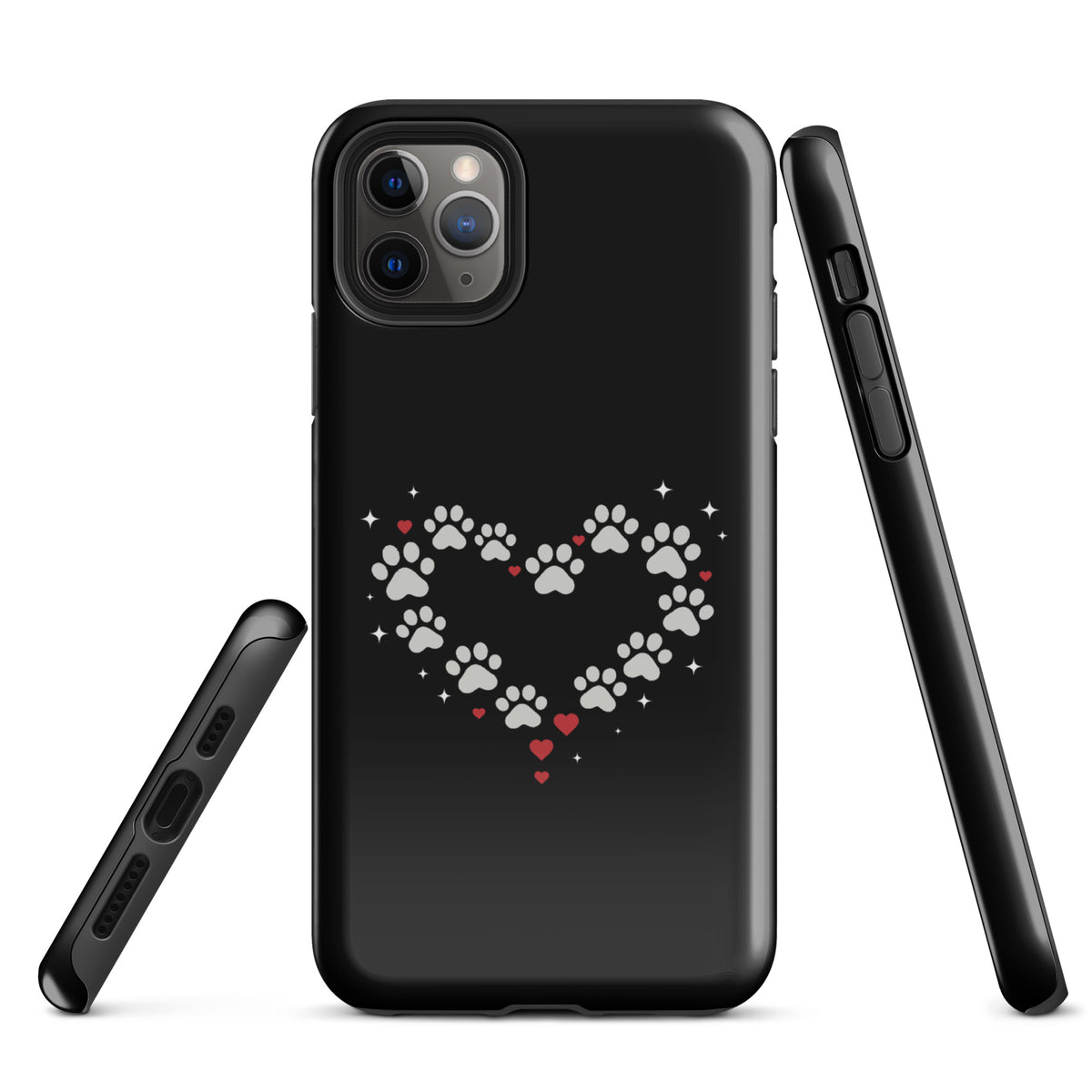 Phone Case with paw-print heart design for iPhone, featuring stylish pet lover theme on a black background.