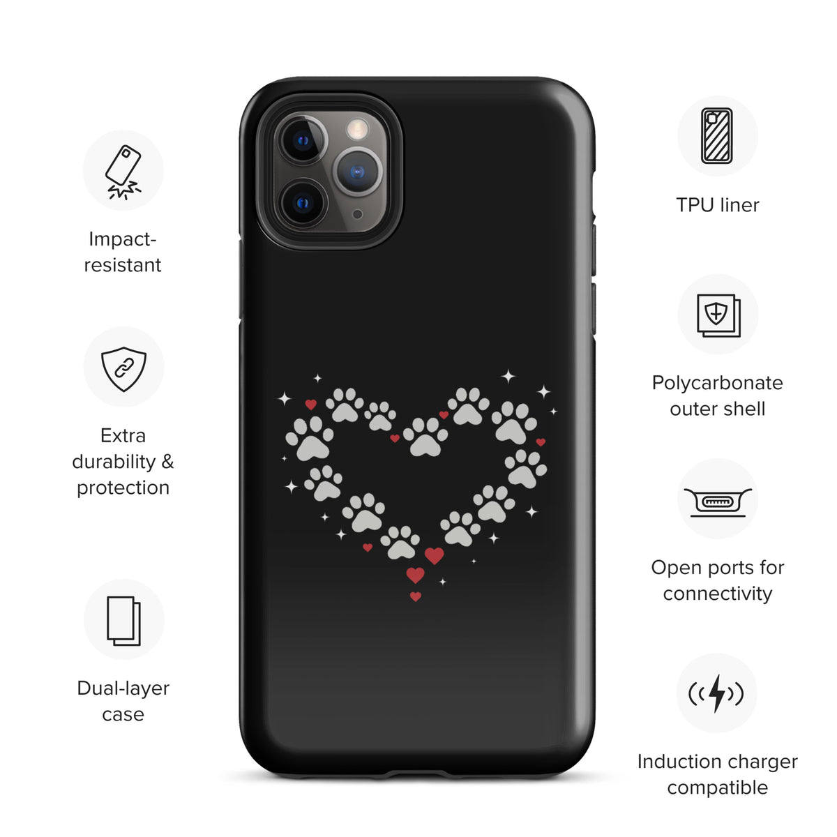 Phone Case for iPhone with paw-print heart design on black background, perfect for stylish pet lovers seeking charm and protection.