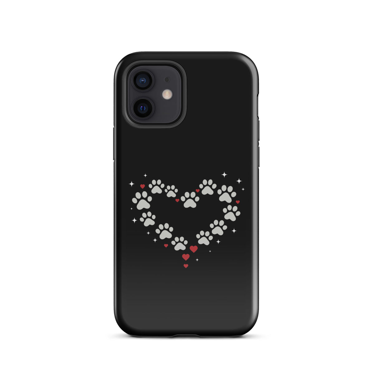 Stylish Phone Case featuring paw-print heart design for animal lovers, black background, for iPhone