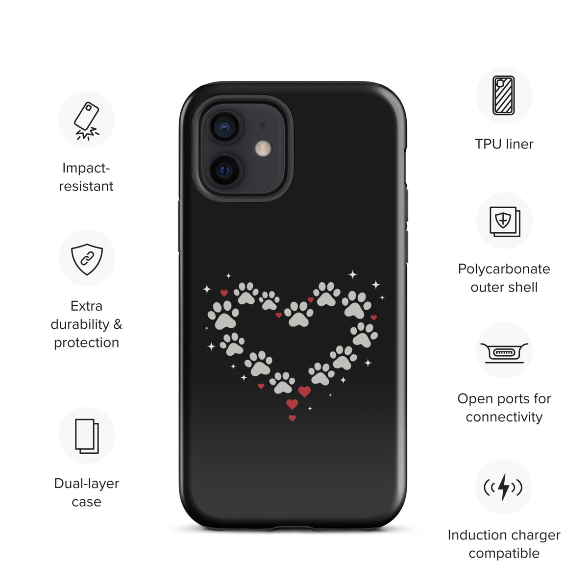 Phone Case with paw-print heart design on black background, highlighting features like TPU liner and polycarbonate shell.