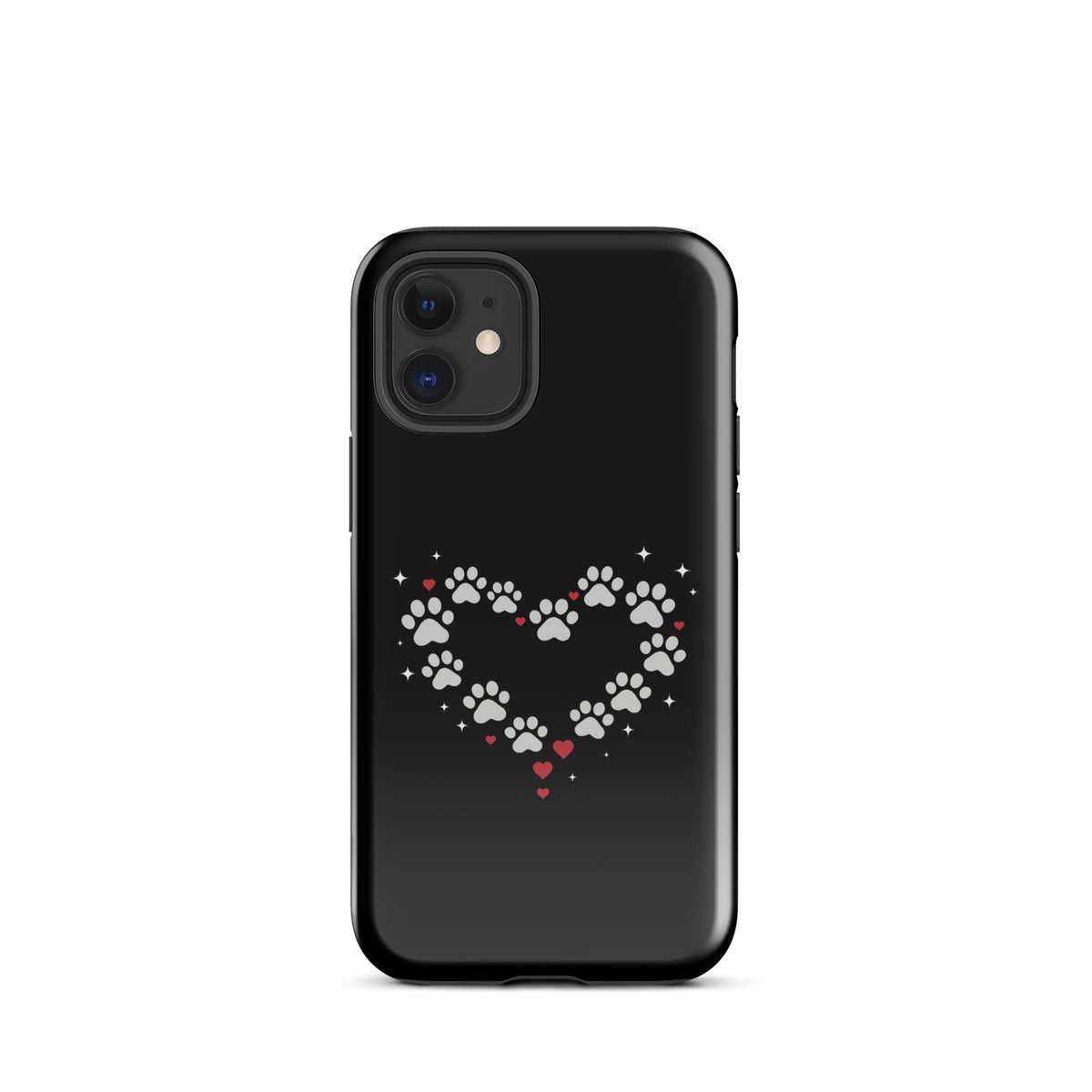 Phone Case for iPhone with paw-print heart design on black background for pet lovers.