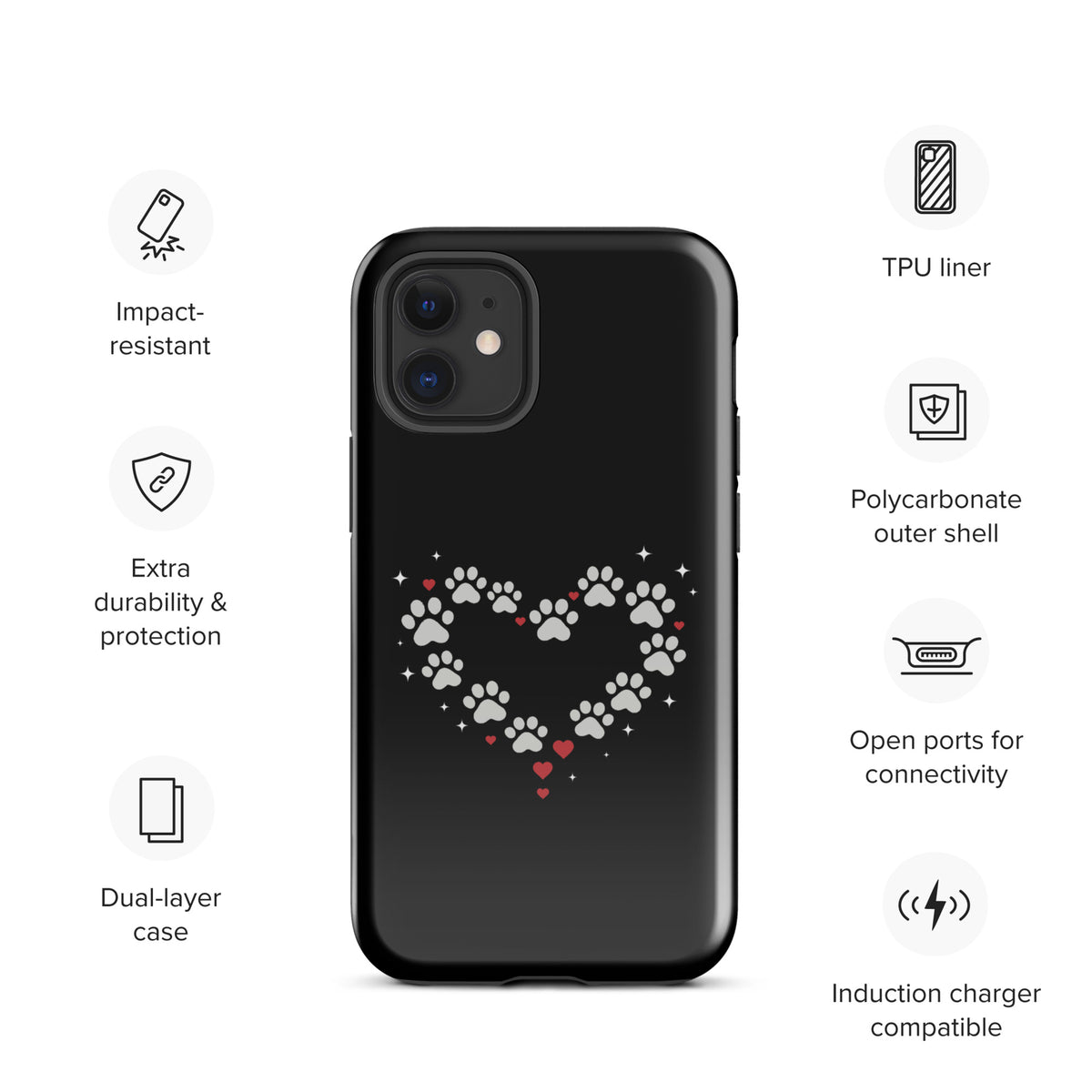 Phone Case with paw-print heart design for iPhone, black with gray paw prints, for stylish pet lovers seeking luxury protection.