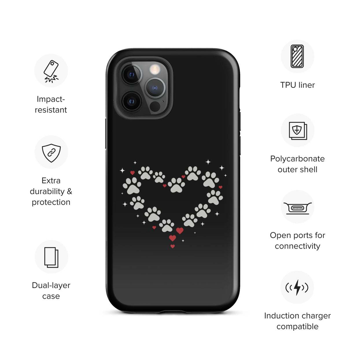 Phone Case with paw-print heart design for iPhone, featuring durable black background and stylish animal lover theme.