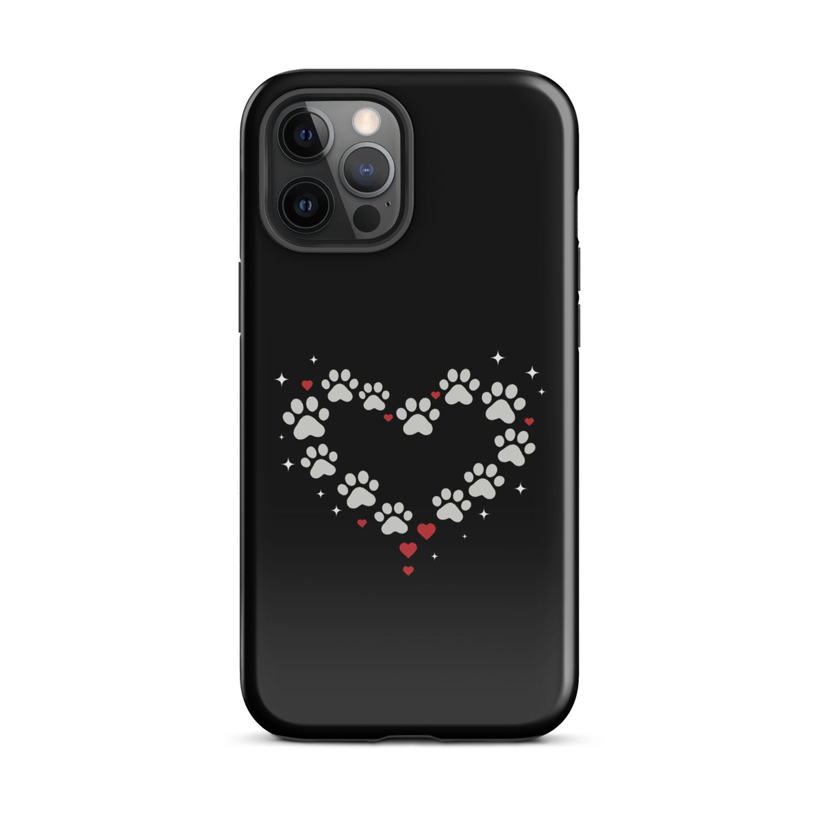 Phone Case for iPhone with paw-print heart design and black background, ideal for stylish pet lovers seeking upscale protection.