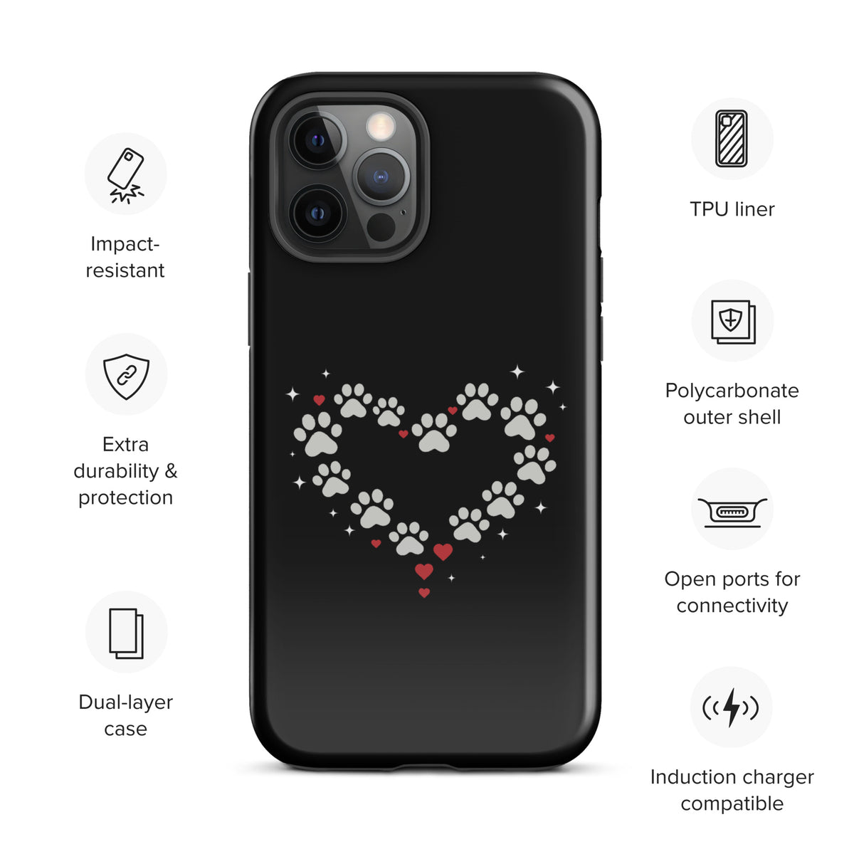 Phone Case for iPhone with paw-print heart design on black background, durable polycarbonate shell with TPU liner for pet lovers.