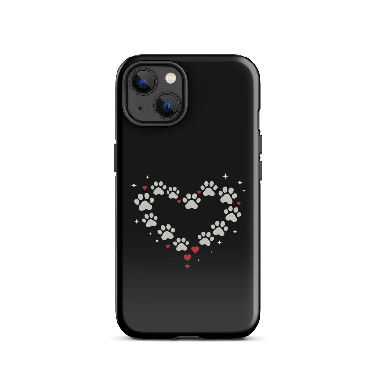 Phone Case with paw-print heart design on black background for iPhone, ideal for stylish pet lovers seeking a blend of charm and protection.