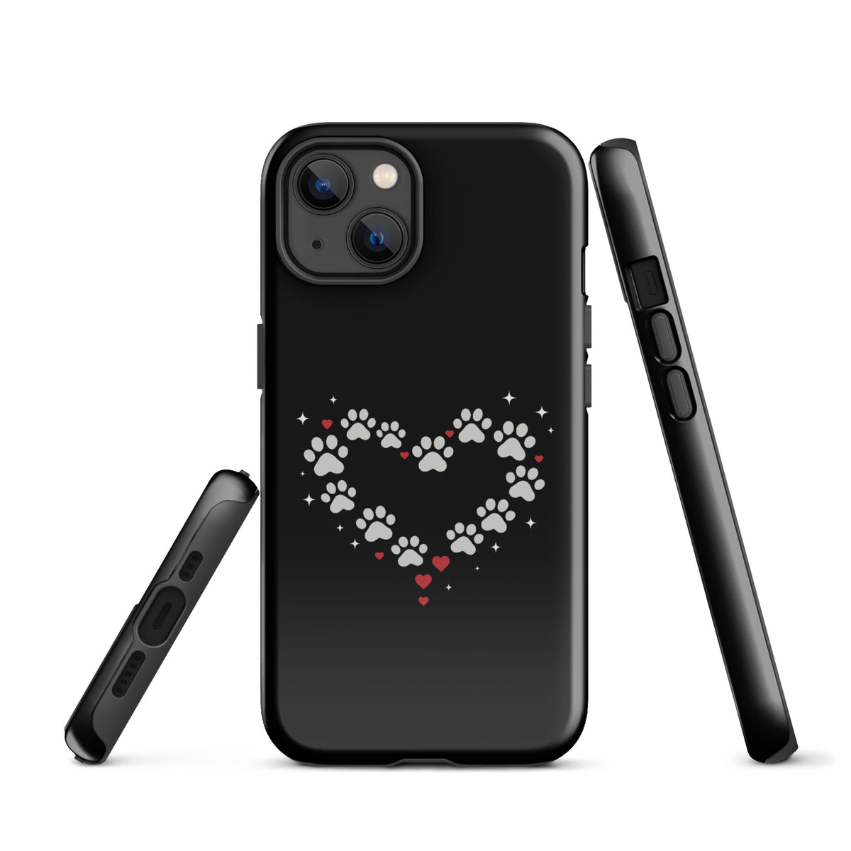 Phone Case with paw-print heart design for iPhone, ideal for pet lovers seeking style and protection, featuring black and gray tones.