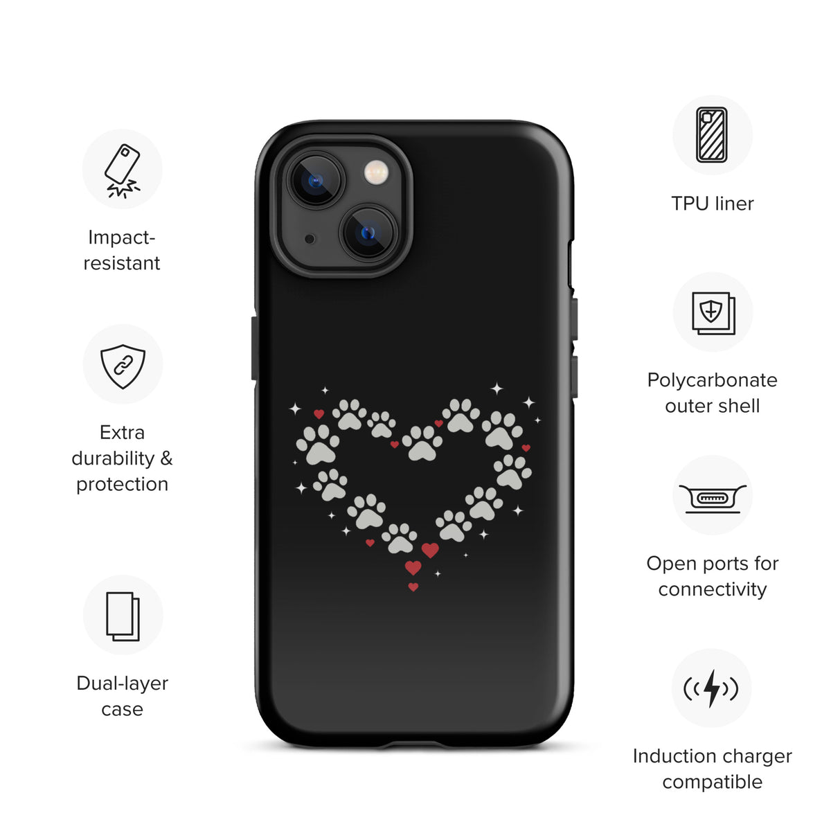 Phone Case with paw-print heart design on black for stylish pet lovers, impact-resistant, dual-layer protection, luxury accessory