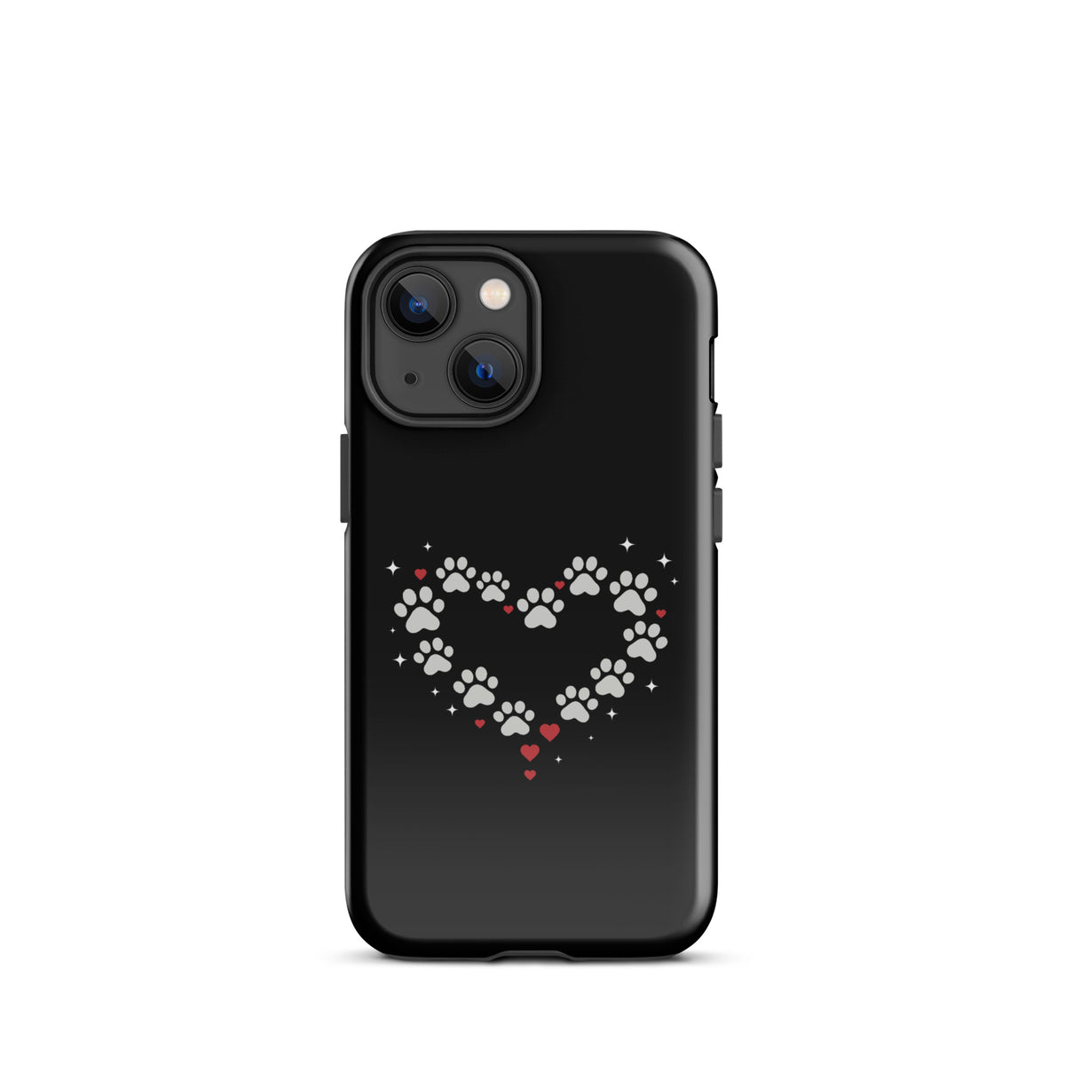 Phone Case for iPhone with paw-print heart design in black and gray for pet lovers.