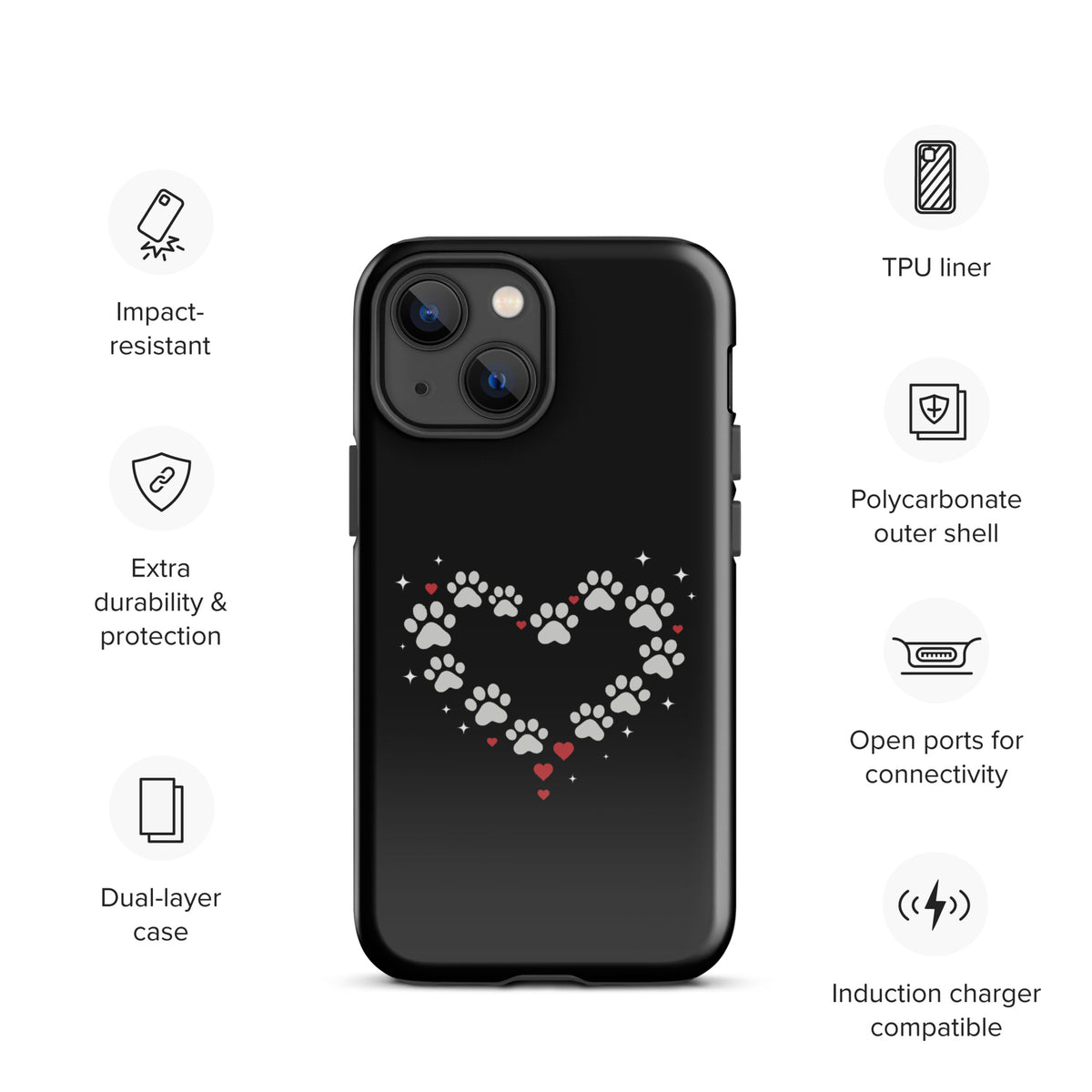 Phone Case for iPhone with paw-print heart design on black background, perfect for stylish pet lovers seeking luxury protection.