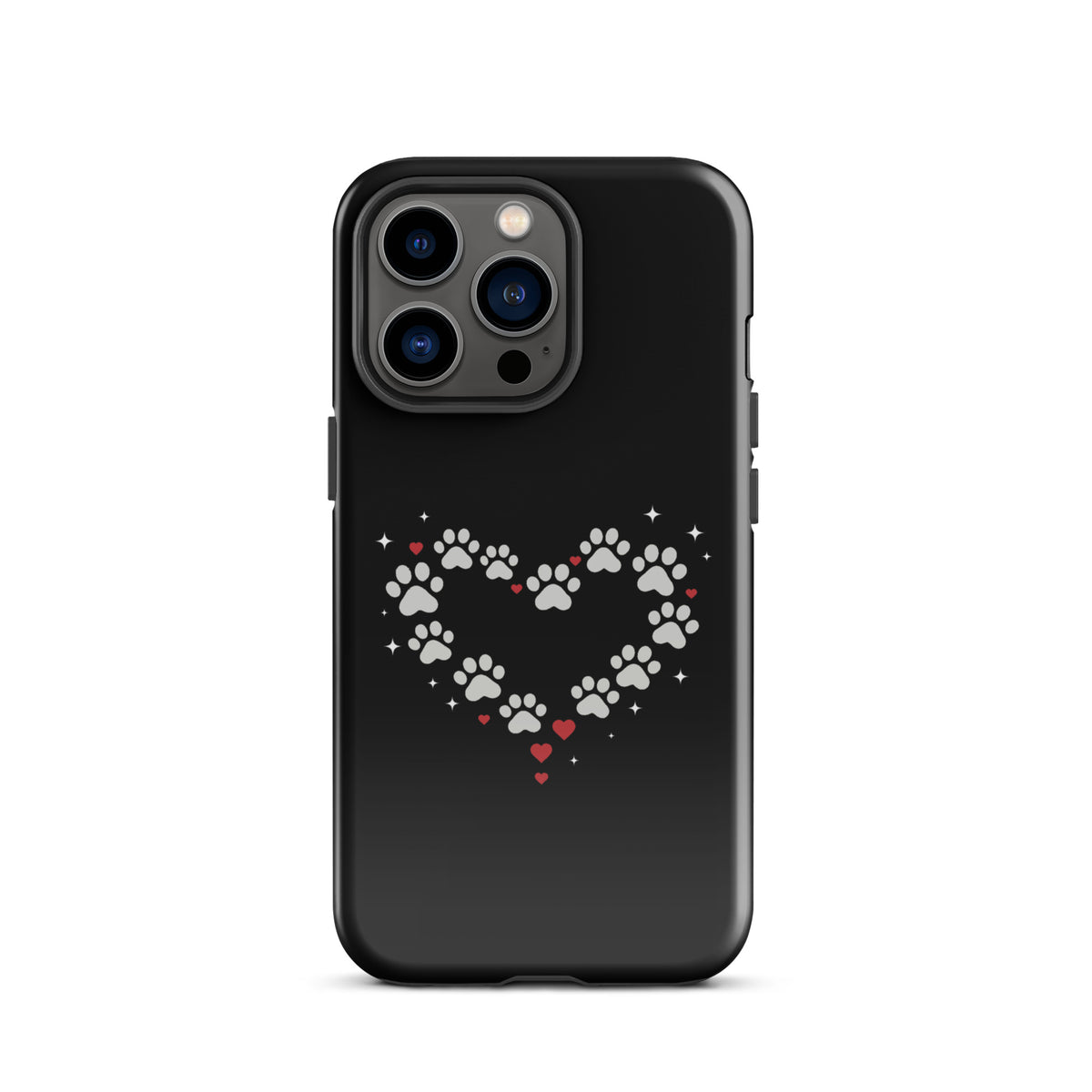 Phone Case with paw-print heart design on black background, ideal for stylish pet lovers, combining charm and protection.
