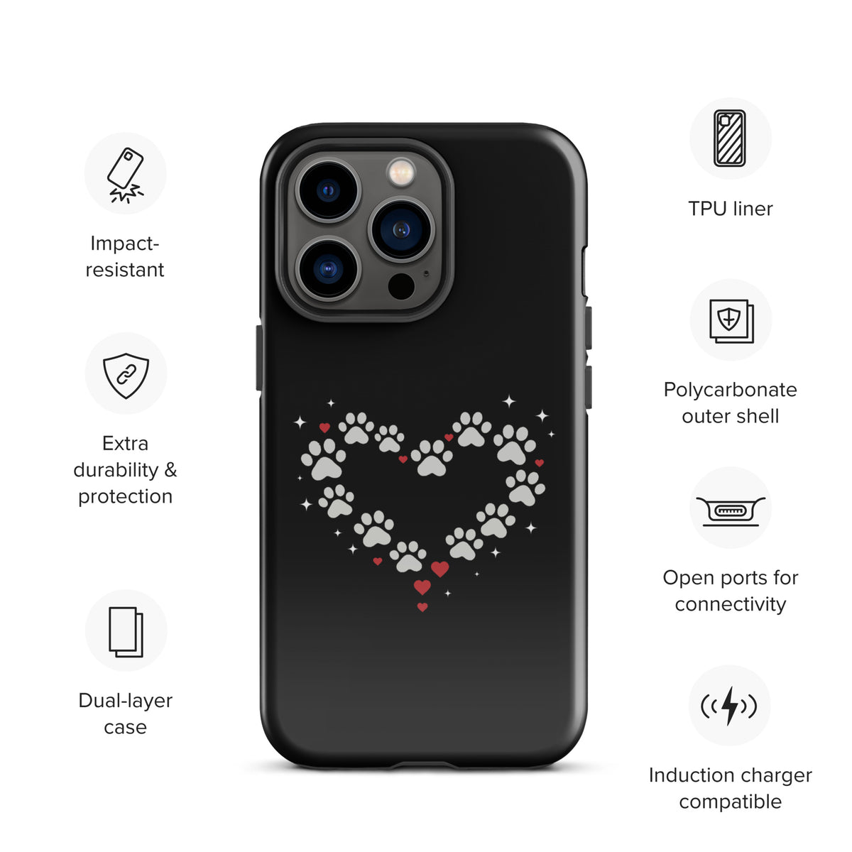 Phone Case with paw-print heart design, black background, perfect for stylish pet lovers seeking a luxury accessory for iPhone.