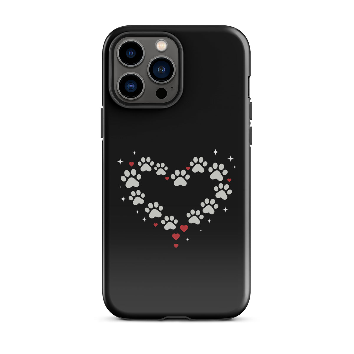 Phone Case with paw-print heart design for iPhone, black backdrop with gray and red accents, stylish for pet lovers.