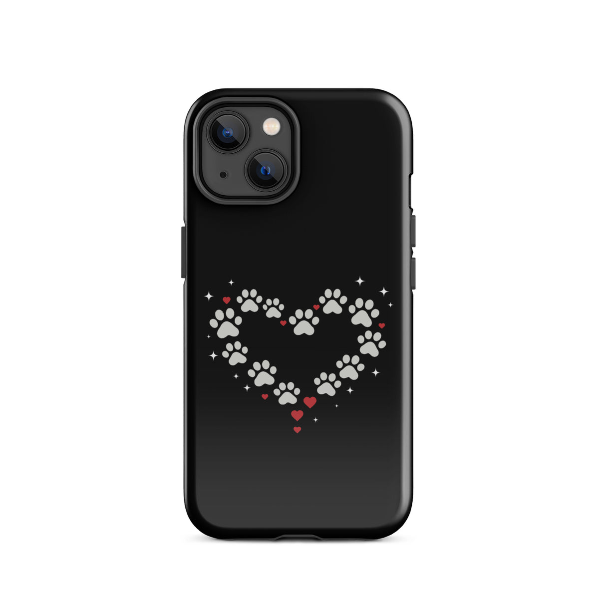 Phone Case for iPhone with paw-print heart design on black background, perfect for stylish pet lovers seeking charm and upscale protection.