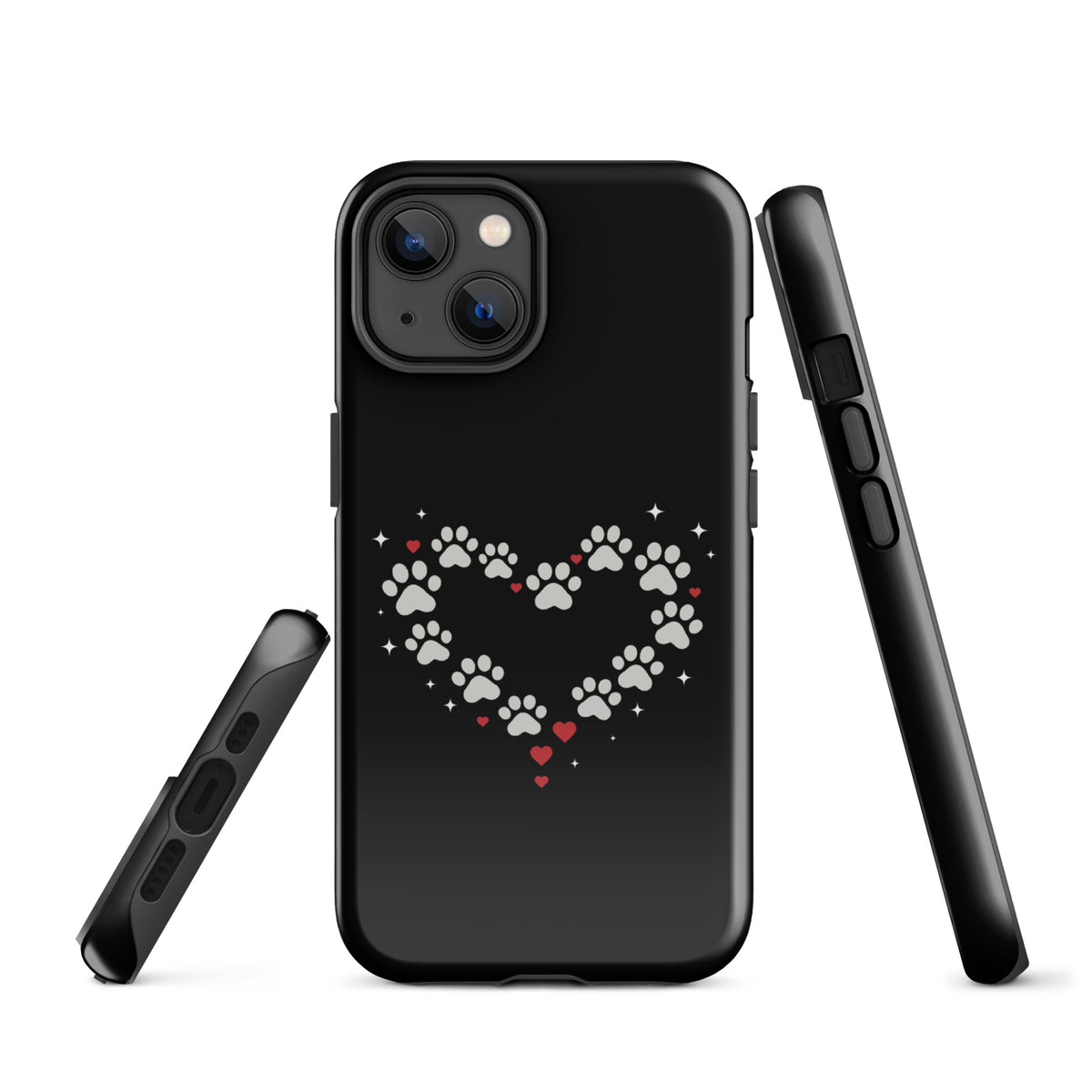 Phone Case for iPhone with paw-print heart design on black background, perfect for pet lovers seeking stylish and protective accessory.