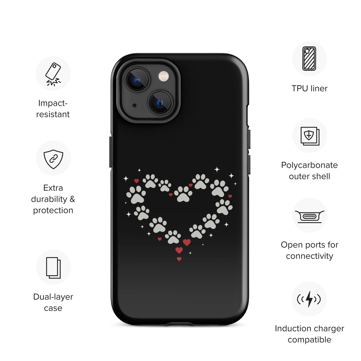 Phone Case for iPhone with paw-print heart design, ideal for pet lovers, features durable protection and stylish black and gray aesthetics.