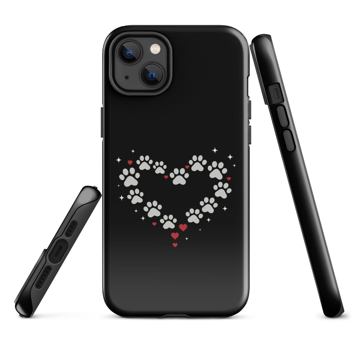 Phone Case with paw-print heart design for iPhone, perfect for stylish pet lovers. Black with gray paw prints and red hearts.