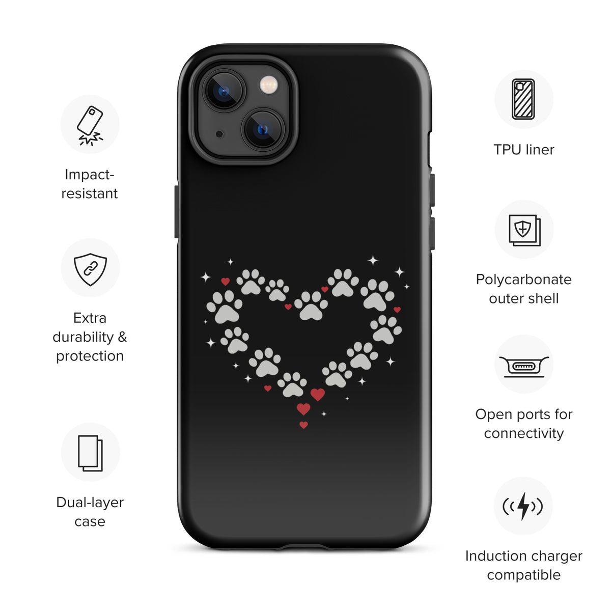 Phone Case with paw-print heart design for iPhone, stylish accessory for pet lovers, black backdrop, impact-resistant, dual-layer protection.