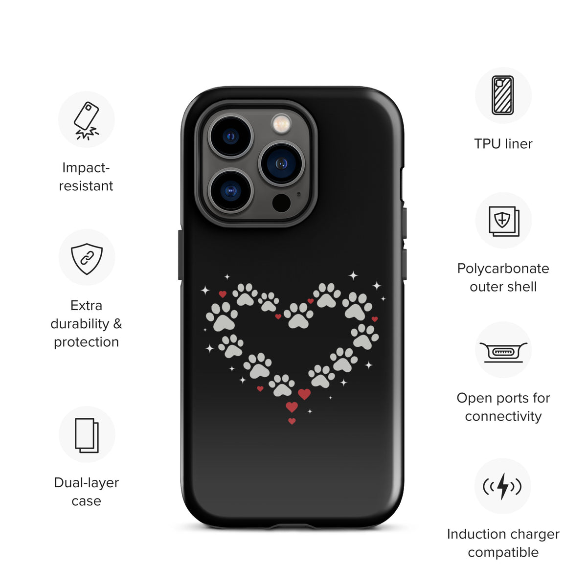 Phone Case with Paw-Print Heart Design for iPhone, stylish pet lovers' choice, luxury accessory with black background, gray paw prints