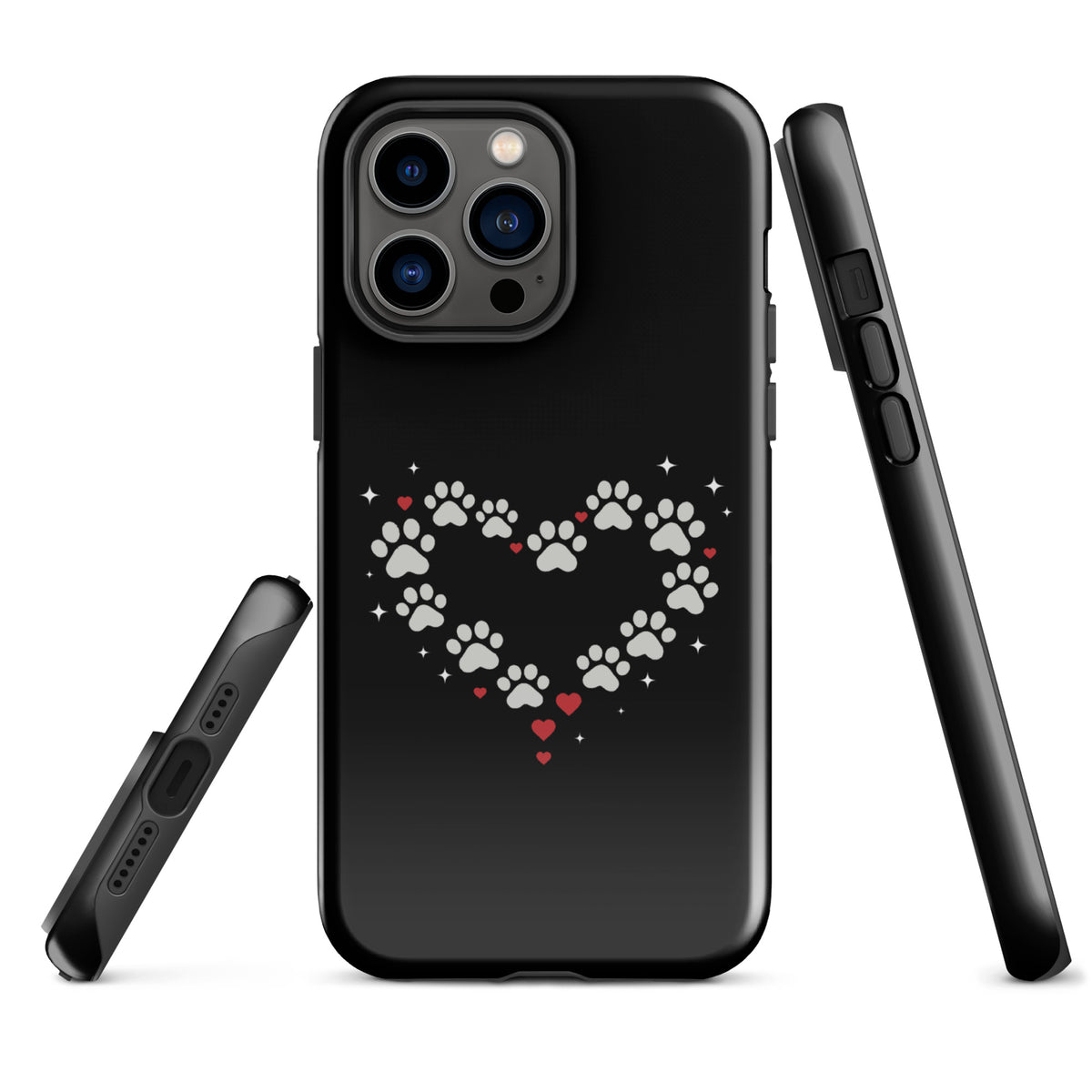 Phone Case with paw-print heart design on black background for iPhone, ideal for stylish pet lovers and luxury accessory seekers.