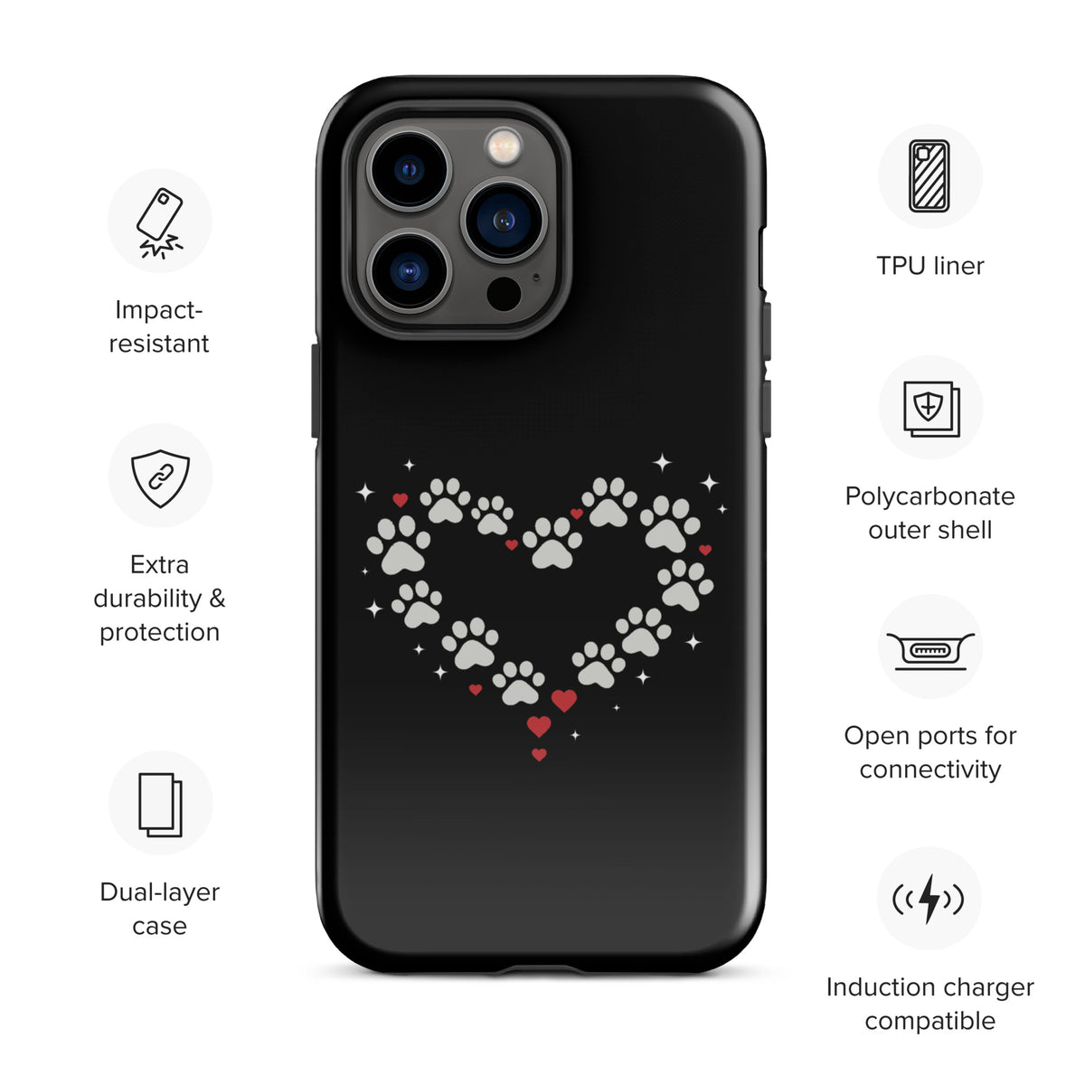 Phone Case for iPhone with paw-print heart design featuring black backdrop and gray paw prints, ideal for stylish pet lovers