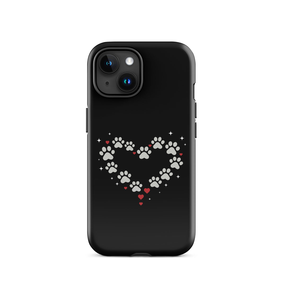 Phone Case for iPhone with paw print heart design, perfect for stylish pet lovers; black backdrop.