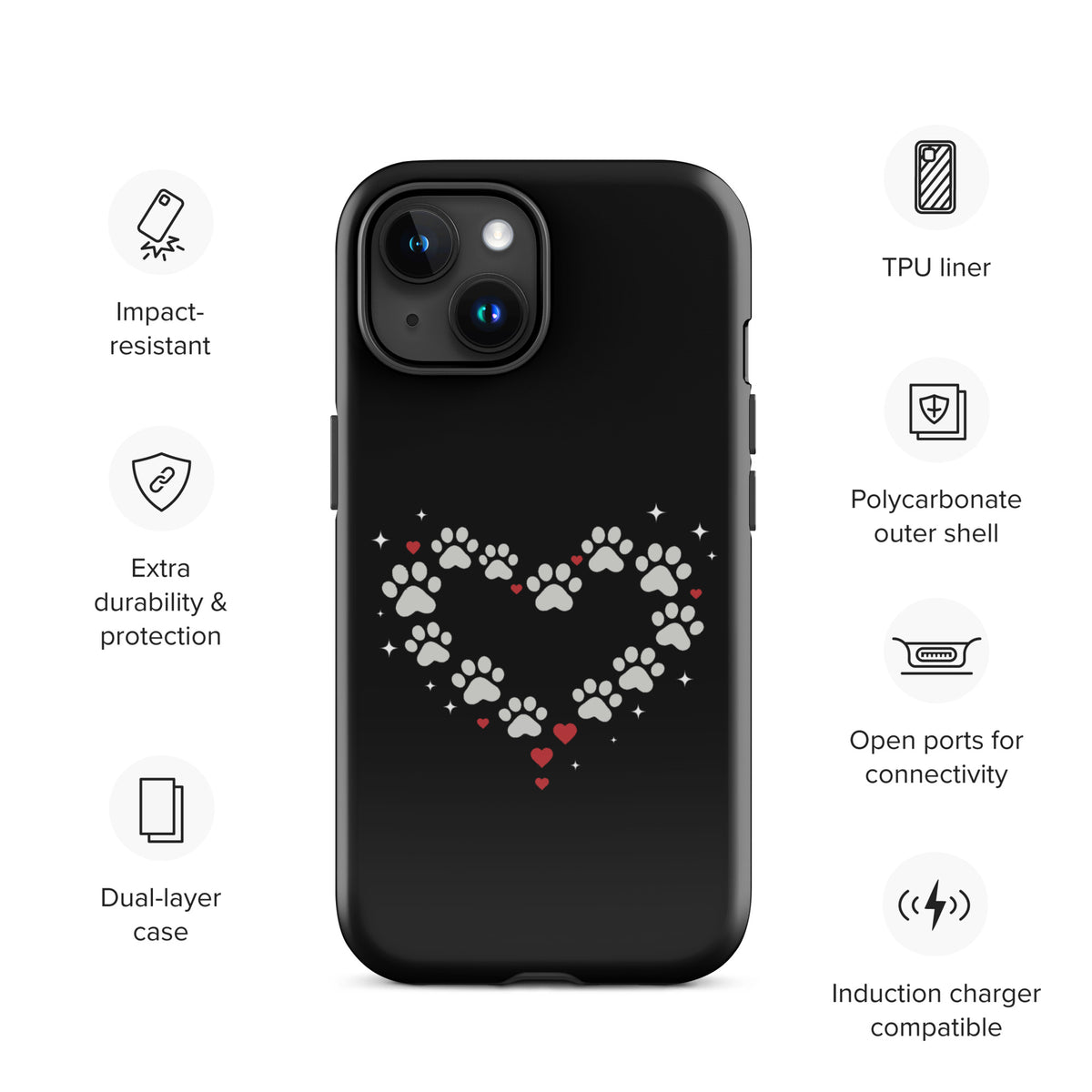 Phone Case for iPhone with paw-print heart design, stylish protection for pet lovers, black background, gray and red paw prints.