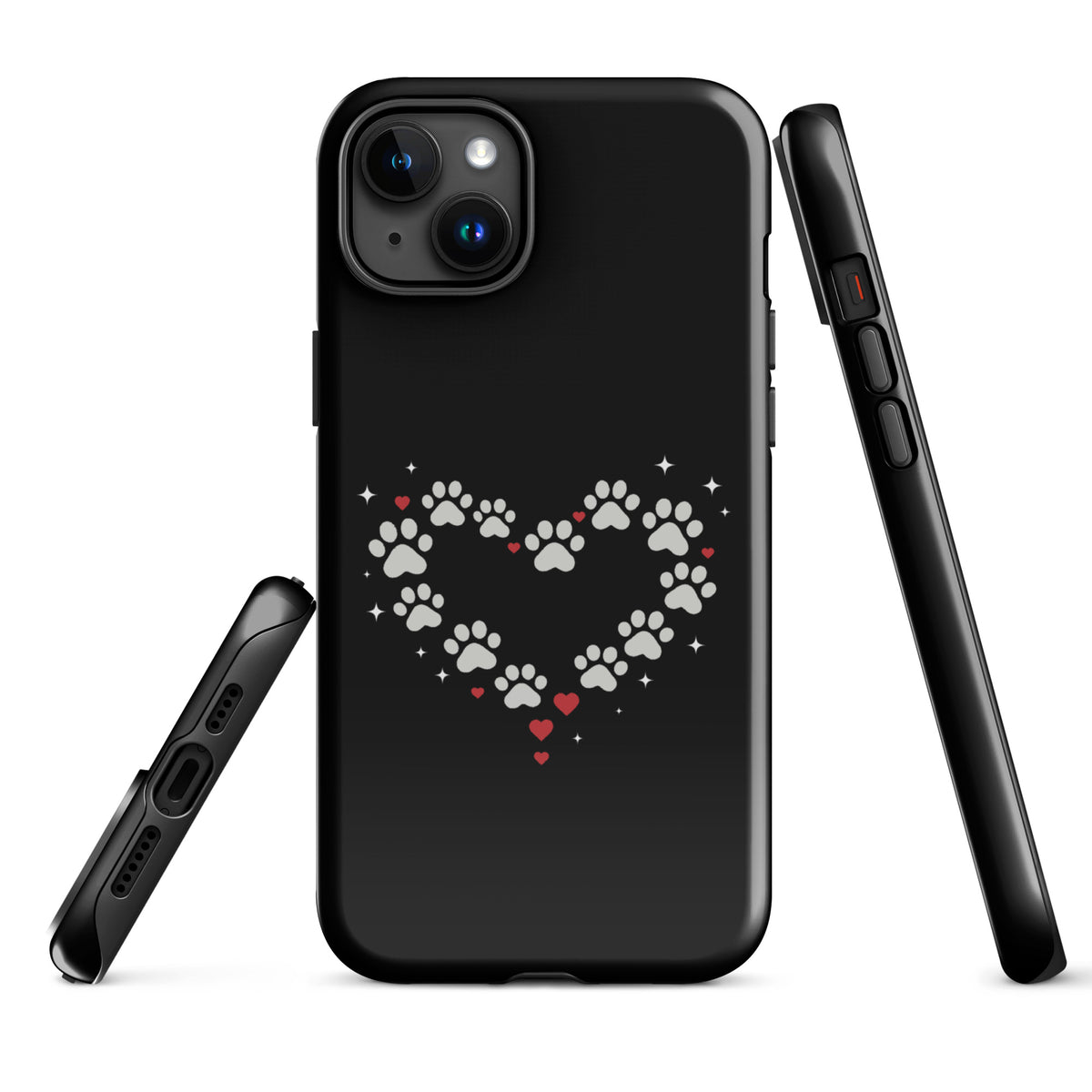 Phone Case with paw-print heart design on black background, perfect for stylish pet lovers seeking charm and luxury protection.