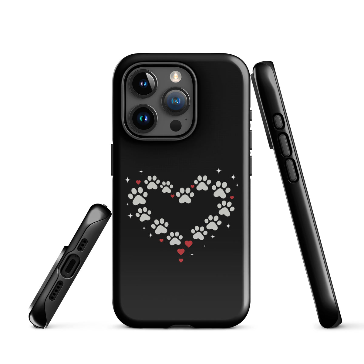 Phone Case with paw-print heart design for pet lovers, black background, iPhone accessory