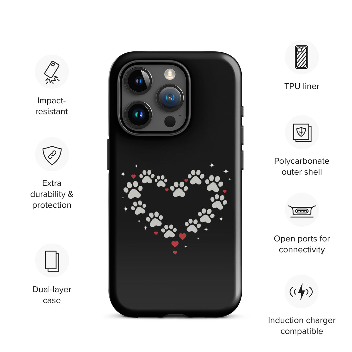 Phone Case for iPhone with paw-print heart design on black backdrop, ideal for stylish pet lovers seeking luxury protection.