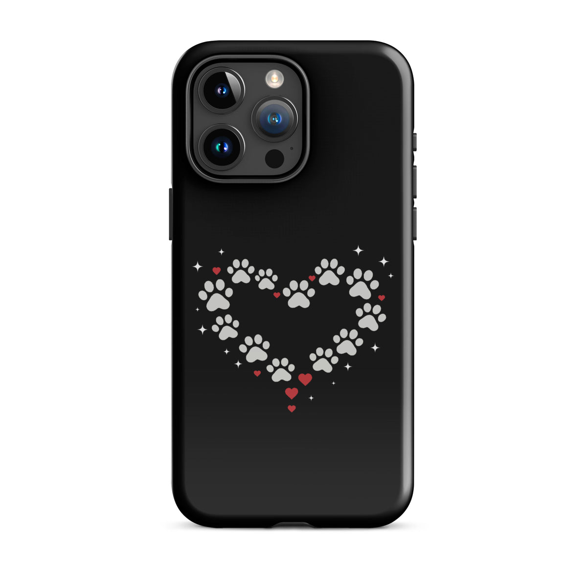 Phone Case with paw-print heart design for pet lovers on iPhone, black backdrop, soft gray paw prints, stylish luxury accessory