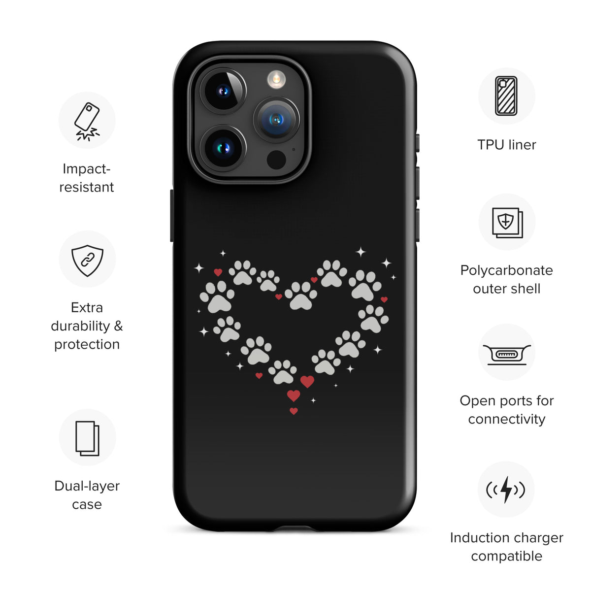 Phone Case for iPhone with paw-print heart design on black background, perfect for stylish pet lovers seeking charm and protection.