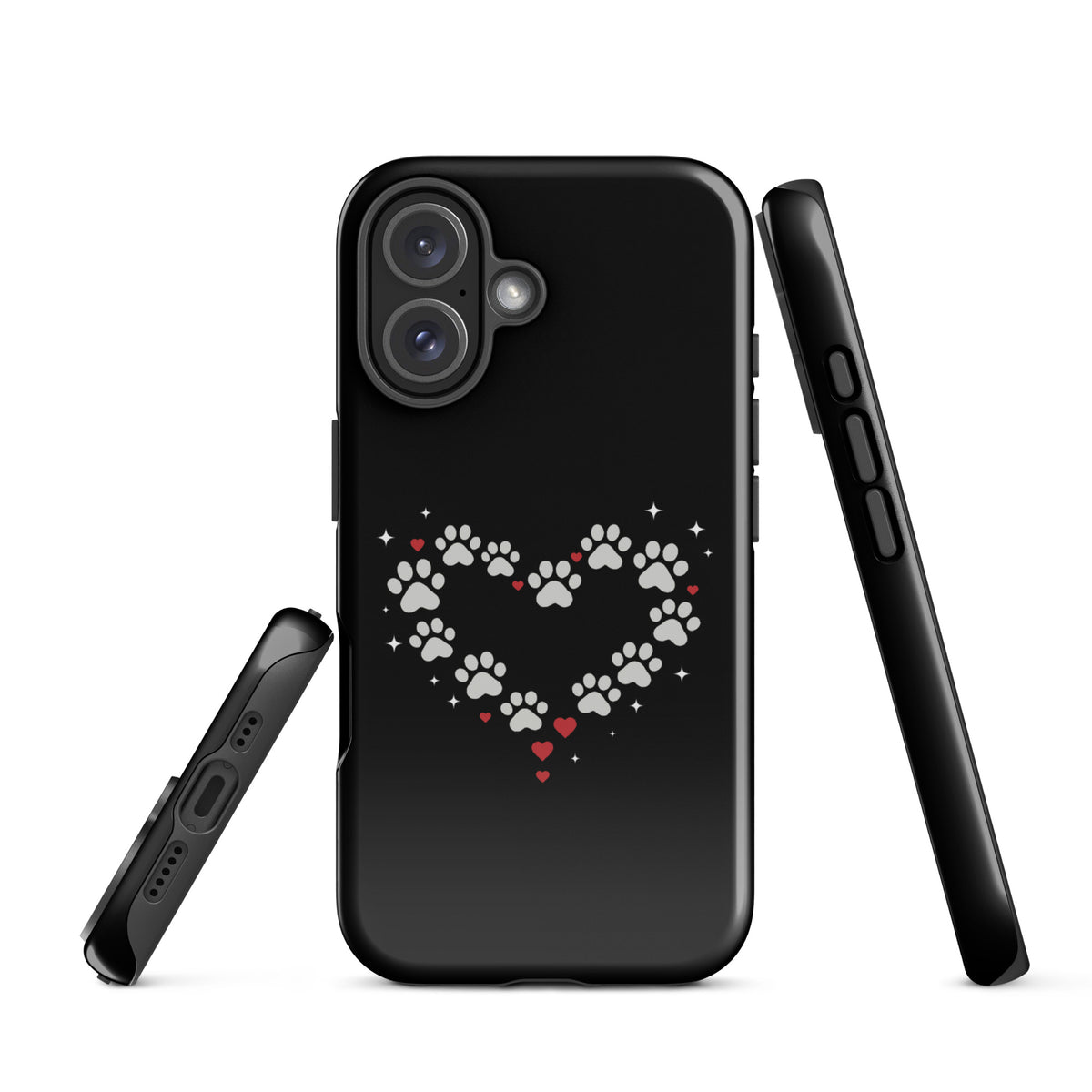 Phone Case with paw‑print heart design for stylish pet lovers, featuring a black backdrop and gray paw prints.