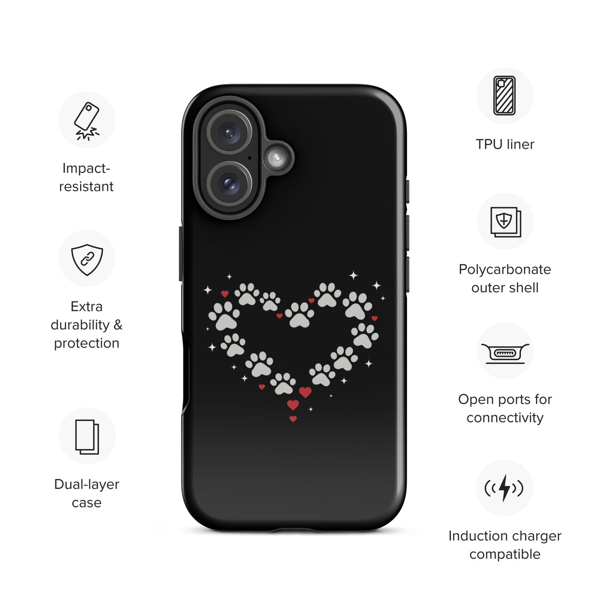 Phone Case for iPhone with paw-print heart design on a black background, stylish protection for pet lovers.