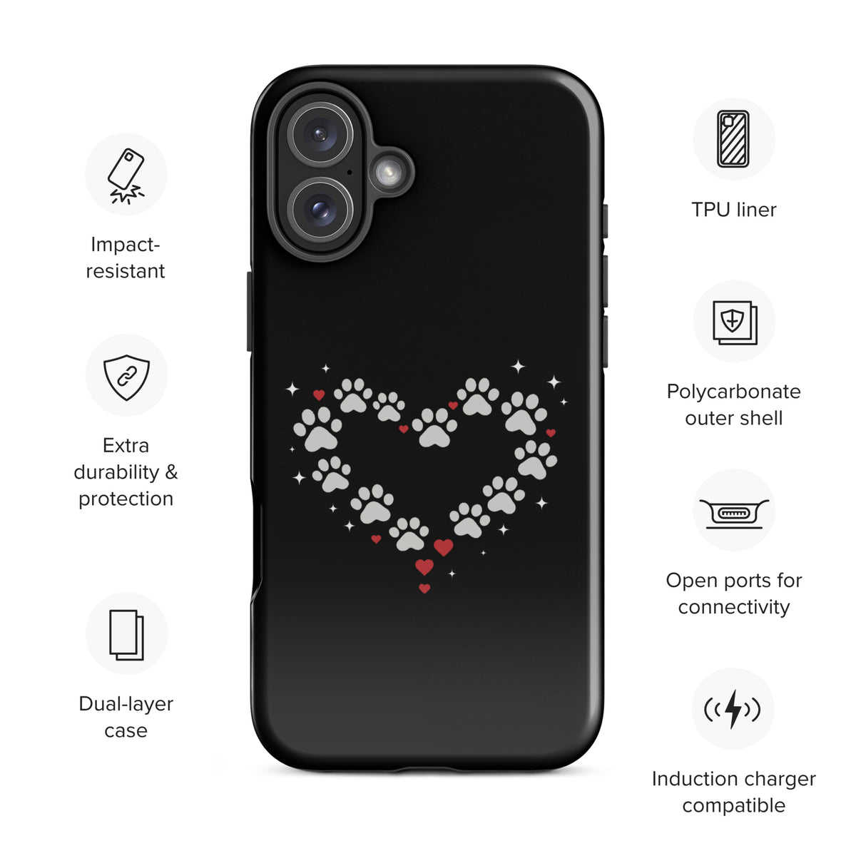 Phone Case for iPhone with paw-print heart design, black background, durable materials, ideal for pet lovers seeking stylish protection.