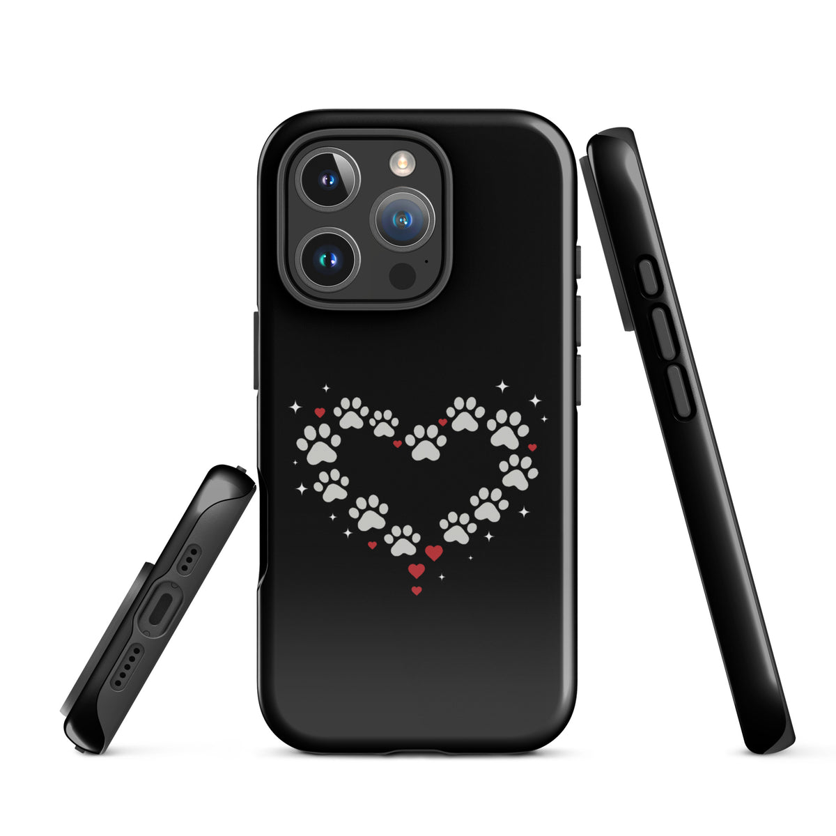 Phone Case with paw-print heart design on black for iPhone