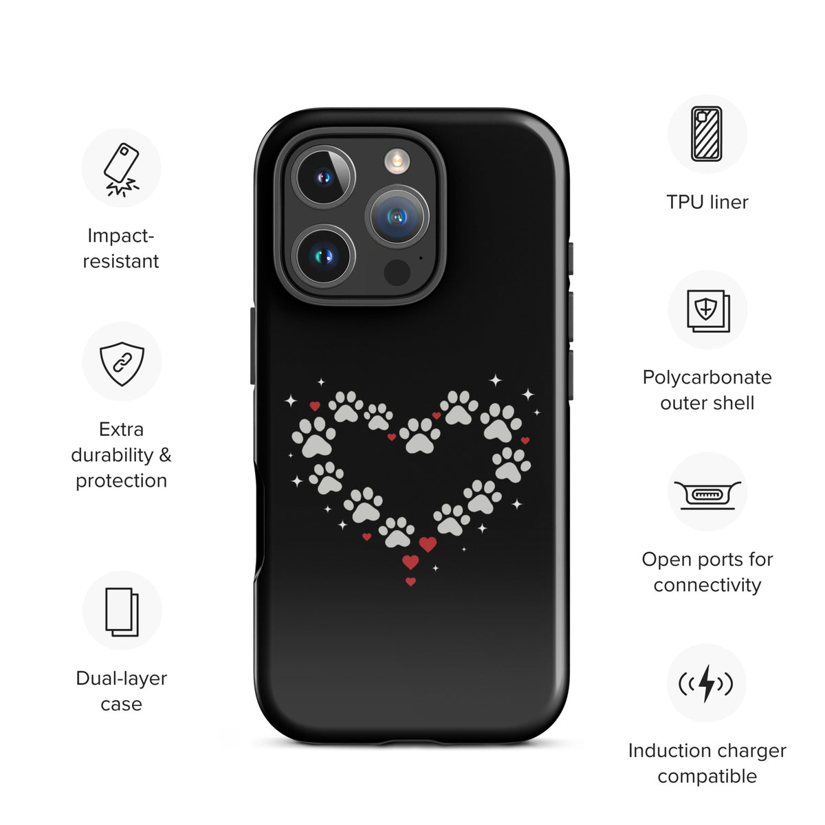 Phone Case for iPhone with paw-print heart design; black background with gray and red paw prints, ideal for pet lovers.