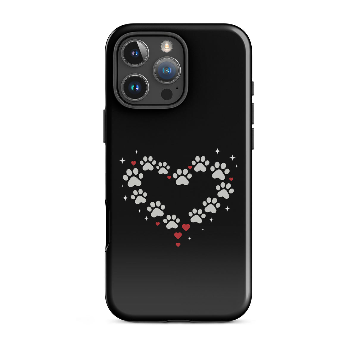 Phone Case for iPhone with paw-print heart design, black background, perfect for stylish pet lovers.