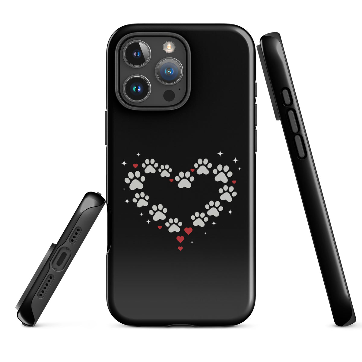 Phone Case for iPhone with paw-print heart design on black background, ideal for stylish pet lovers seeking charm and protection.