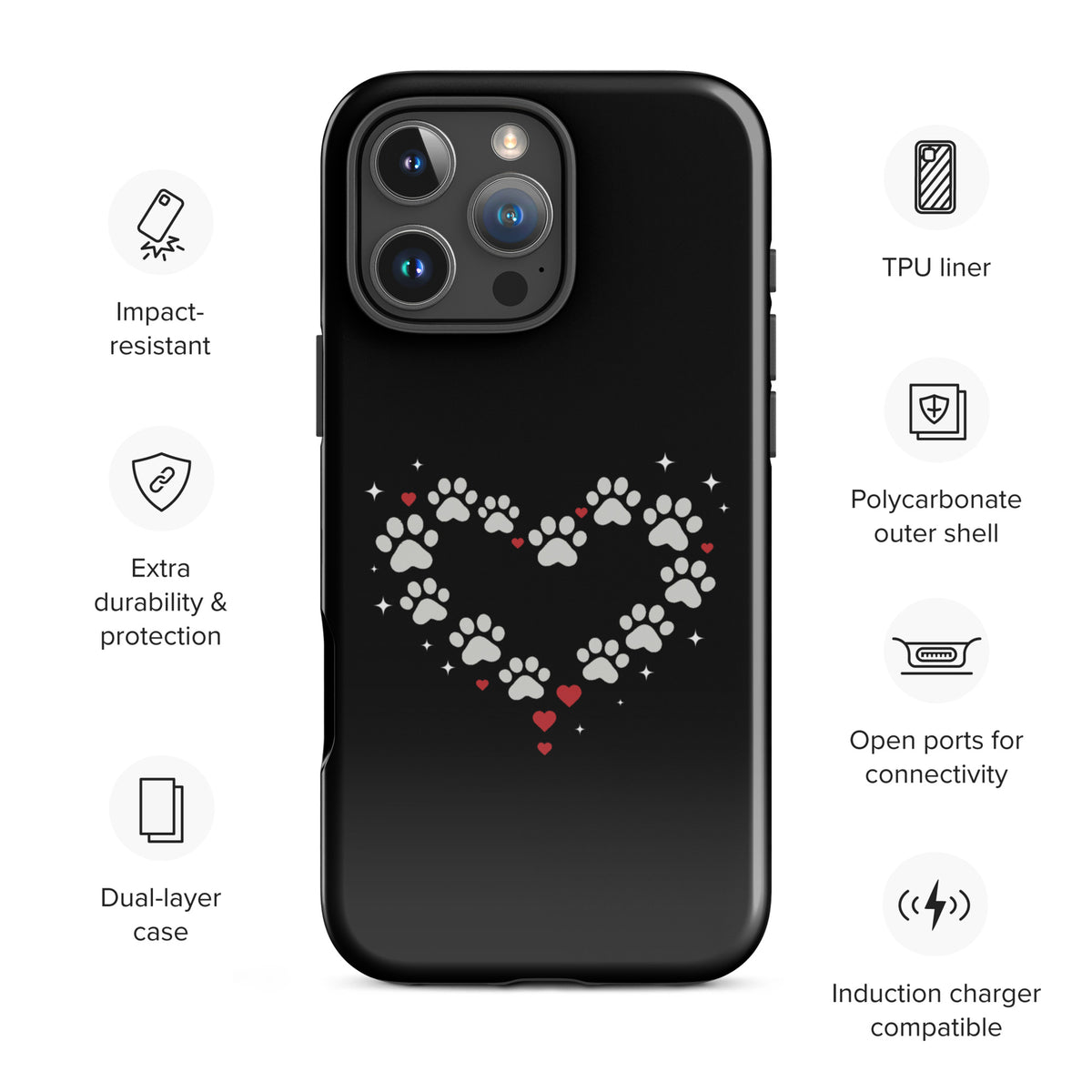 Phone Case with paw-print heart design on black background for iPhone, perfect for stylish pet lovers seeking charm and protection.