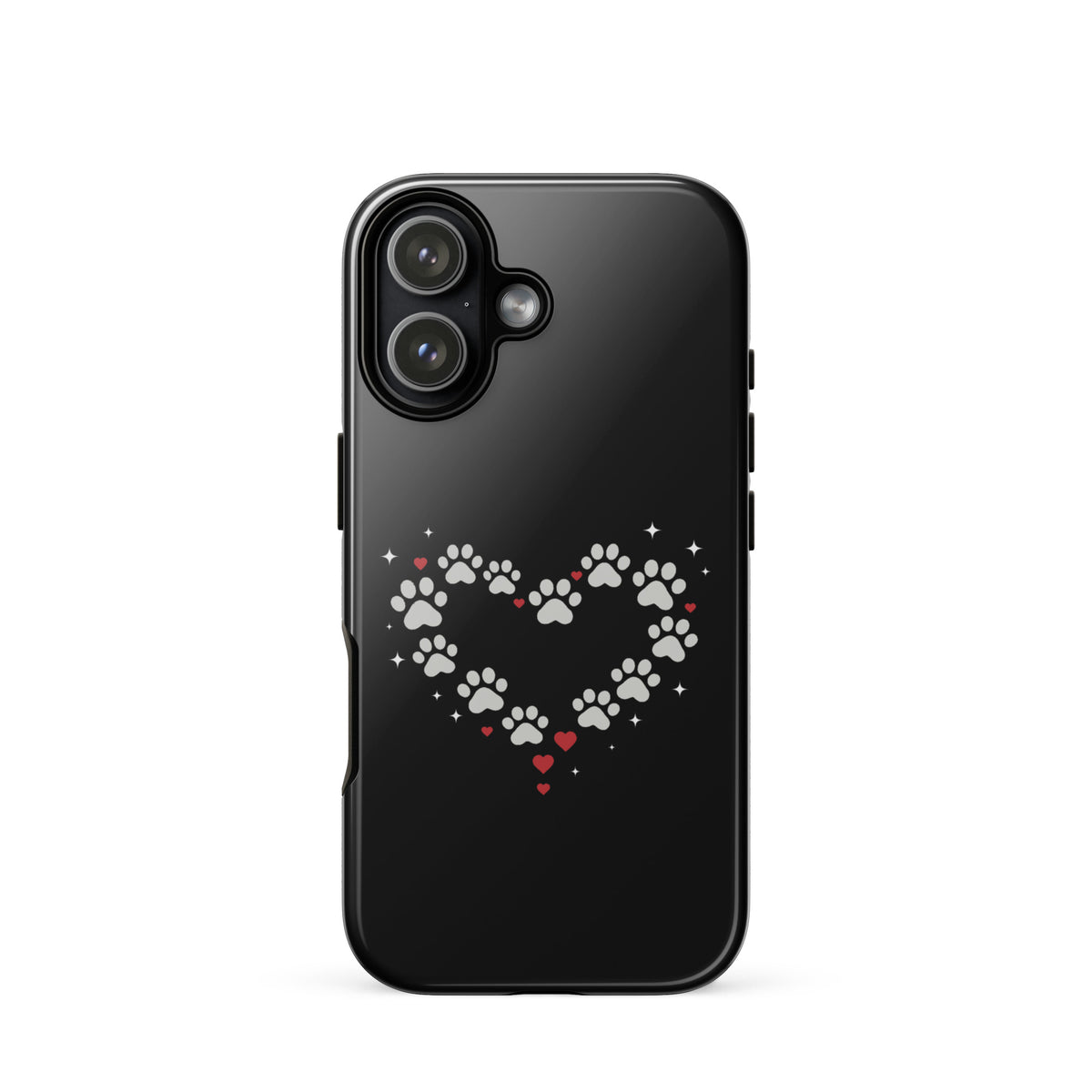 Phone Case for iPhone with paw-print heart design, perfect for stylish pet lovers, featuring black and gray paw prints on a black background.