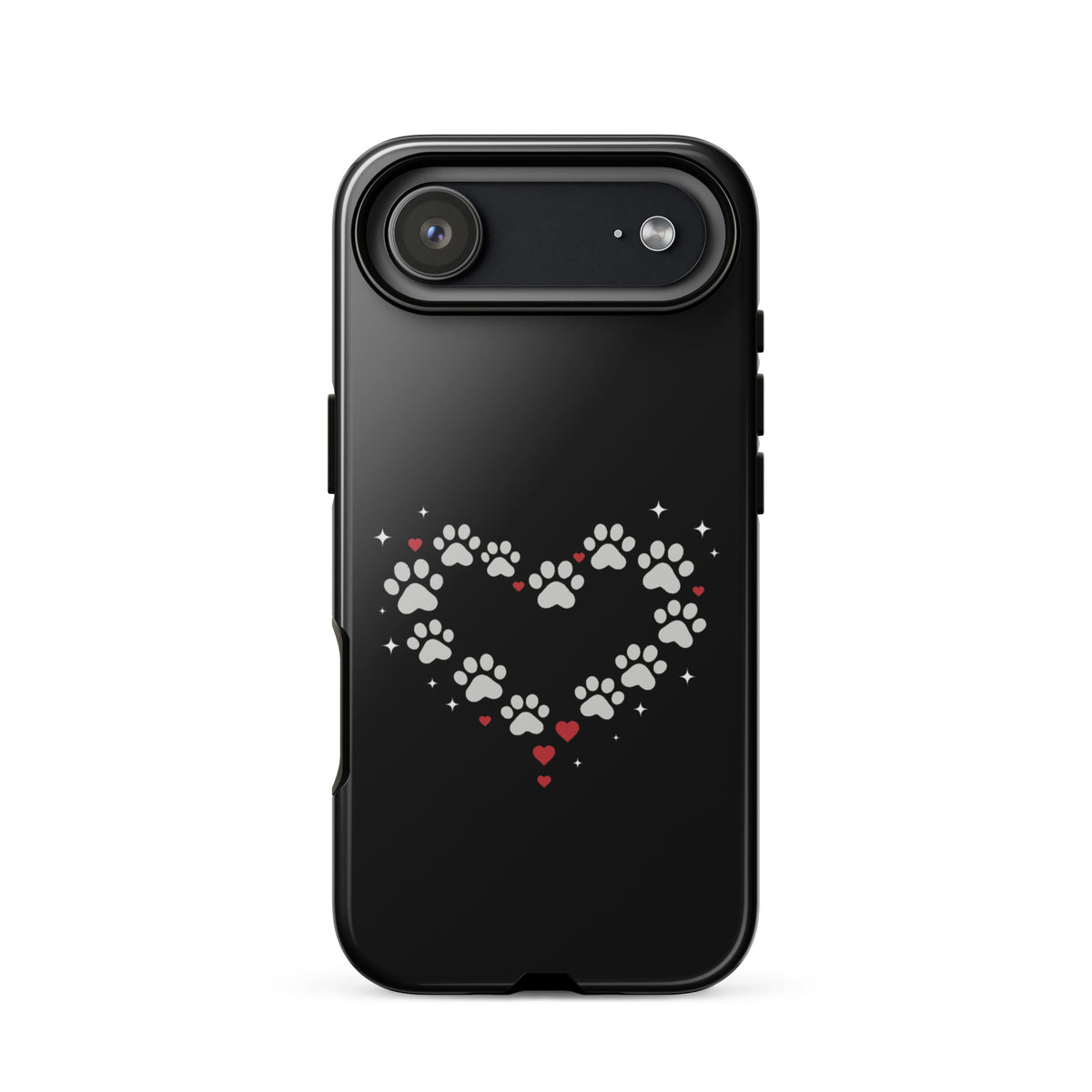 Phone Case with paw-print heart design on black background, ideal for stylish pet lovers seeking charm and upscale protection.