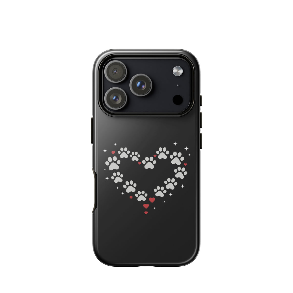 Phone Case with paw-print heart design for pet lovers, compatible with iPhone, black with gray and red accents.