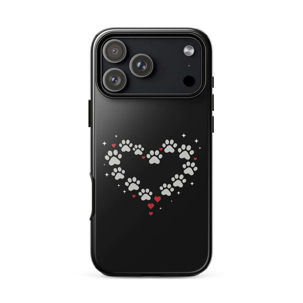 Phone Case for iPhone with paw-print heart design on a black backdrop, perfect for stylish pet lovers.