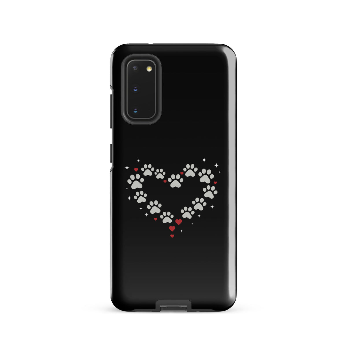 Phone Case, Samsung Galaxy with paw-print heart design, black background.