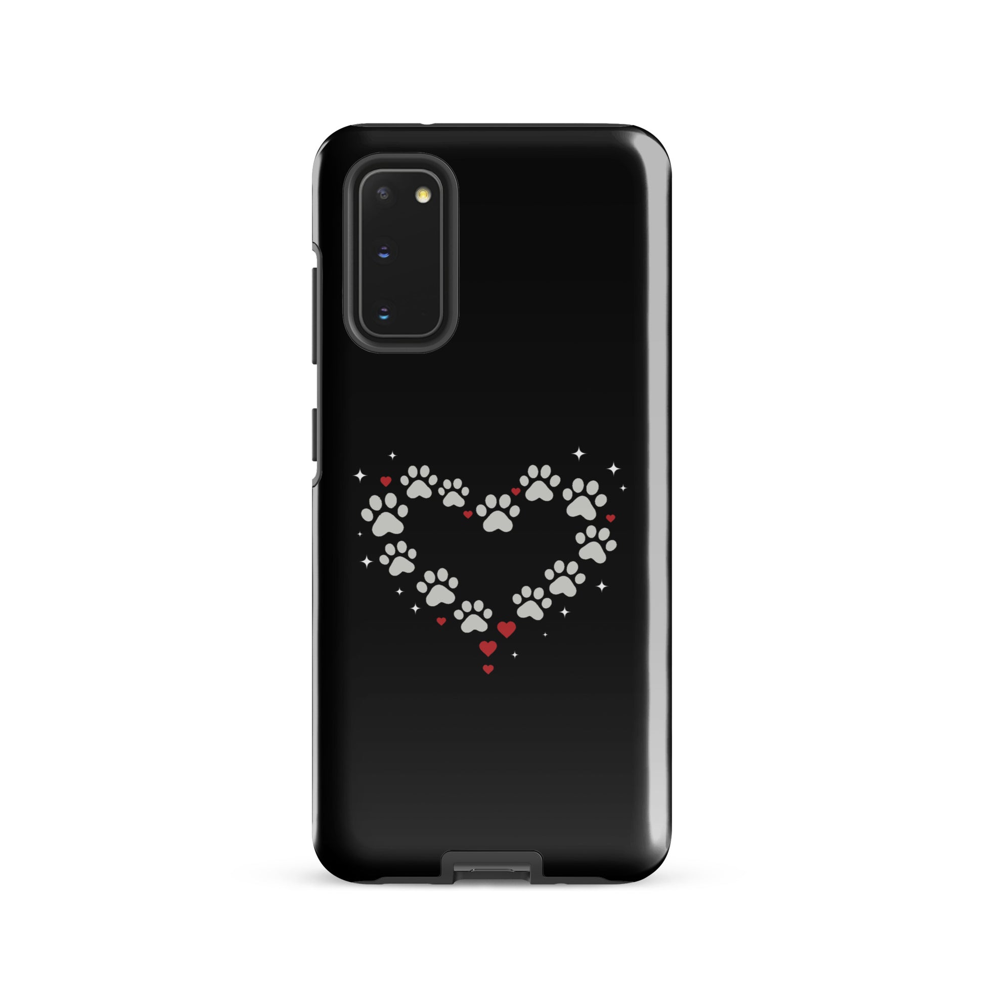 Phone Case, Samsung Galaxy with paw-print heart design, black background.