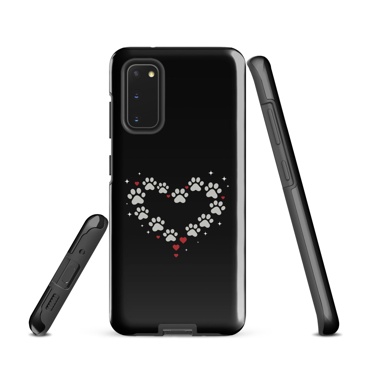 Phone Case for Samsung Galaxy with paw-print heart design and black background, showcasing luxury animal lovers' accessory.