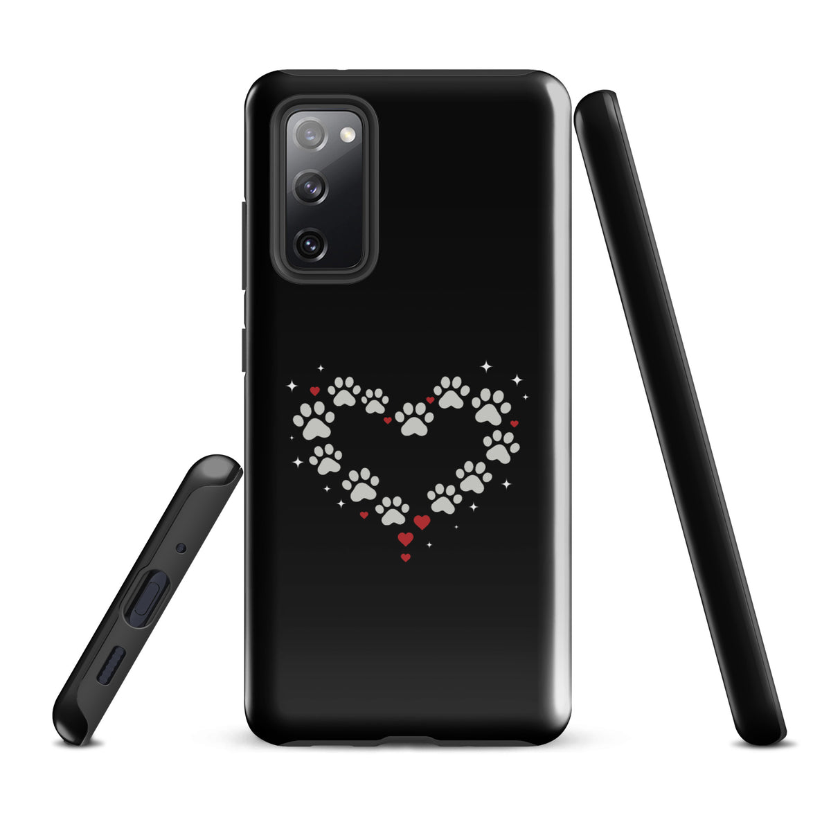 Phone Case for Samsung Galaxy with paw-print heart design, luxury black background featuring soft gray and red paw prints showcasing animal love.