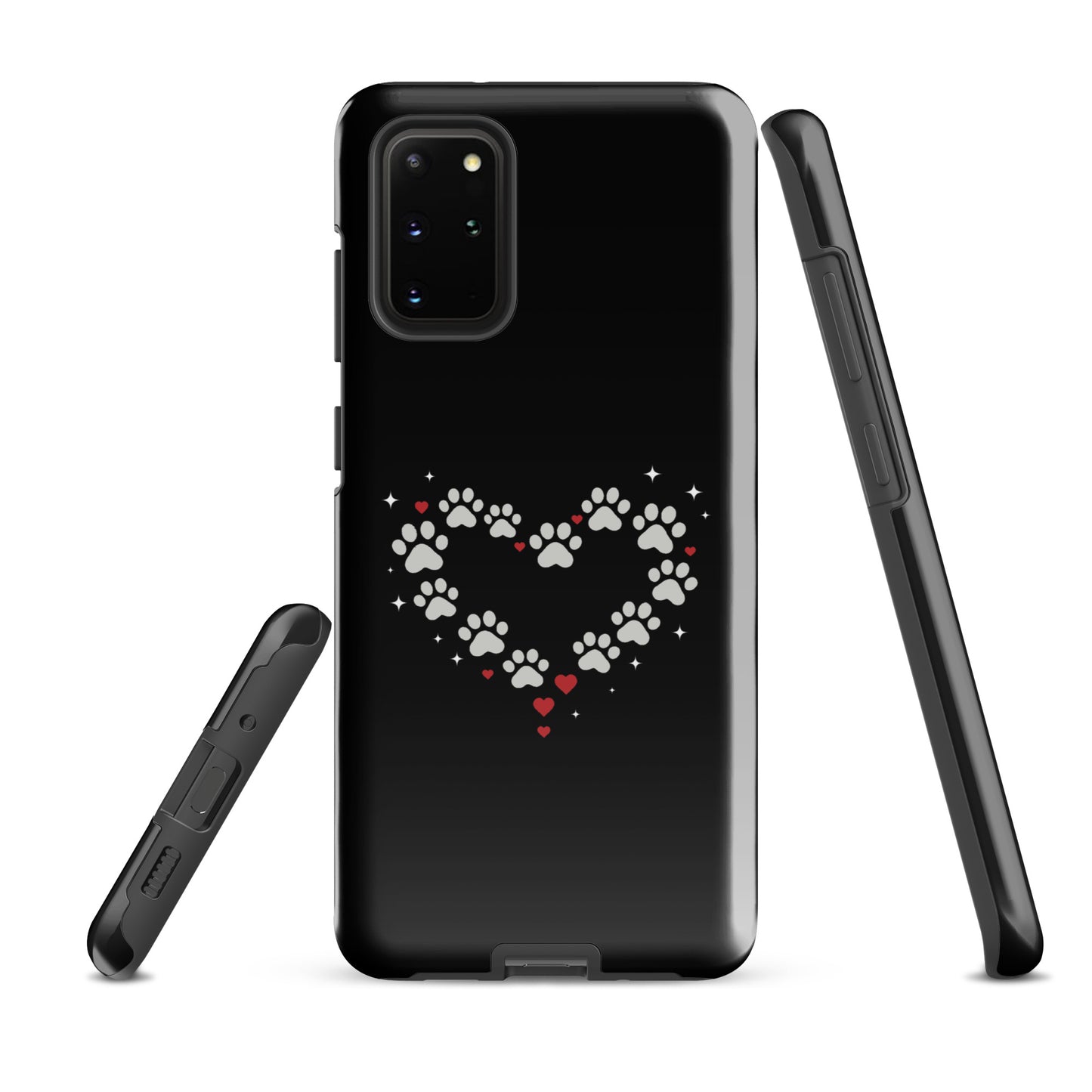 Phone Case for Samsung Galaxy with paw-print heart design on black backdrop, showcasing charm and luxury protection.